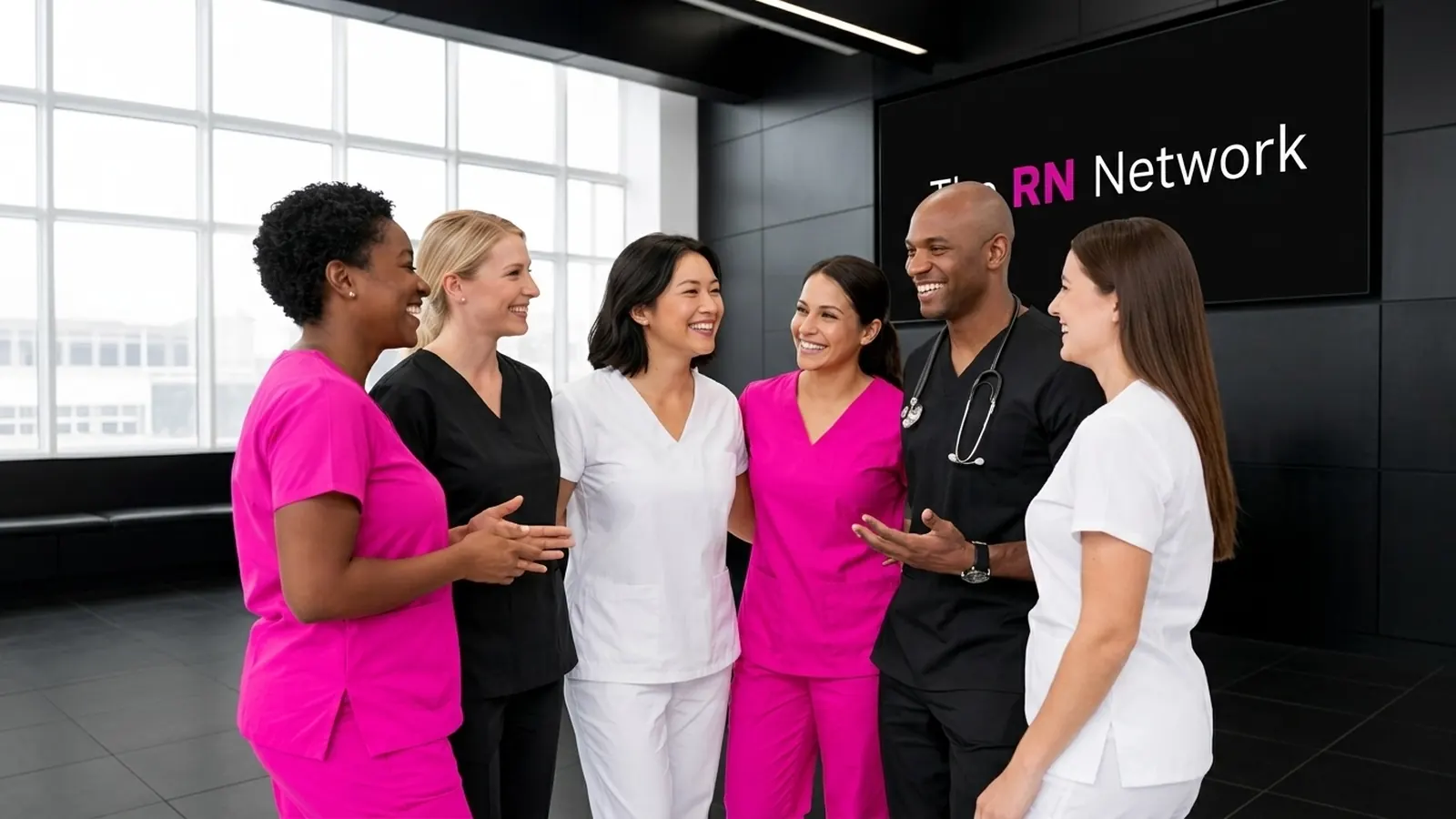 Diverse team of nurses talking together in a bright office