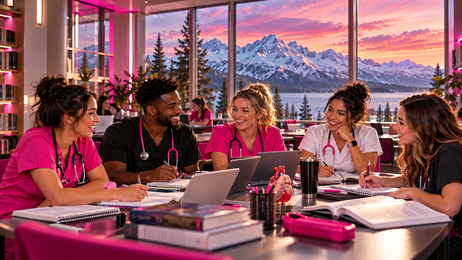 A diverse nursing study group laughing and reviewing notes together at a long table in a bright nursing school library in Ala