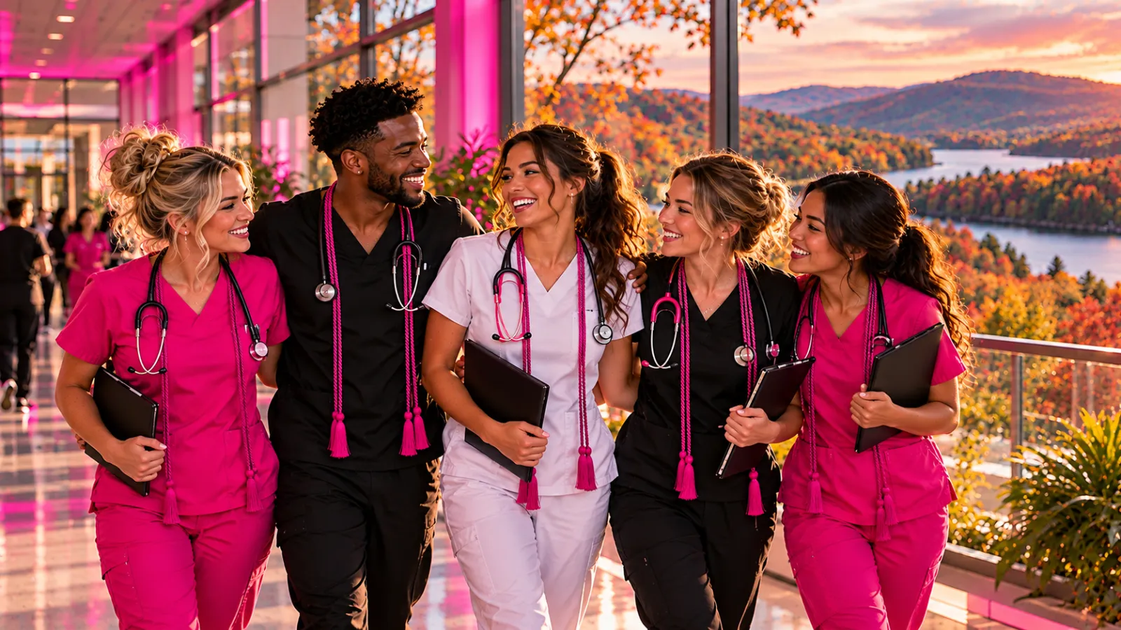 Proud nursing graduates in scrubs smiling together in a modern nursing school hallway in Arkansas