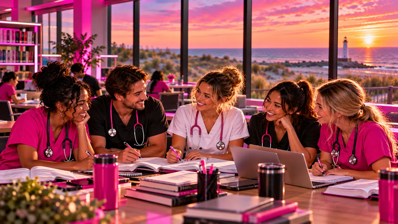 A diverse nursing study group laughing and reviewing notes together at a long table in a bright nursing school library in Del