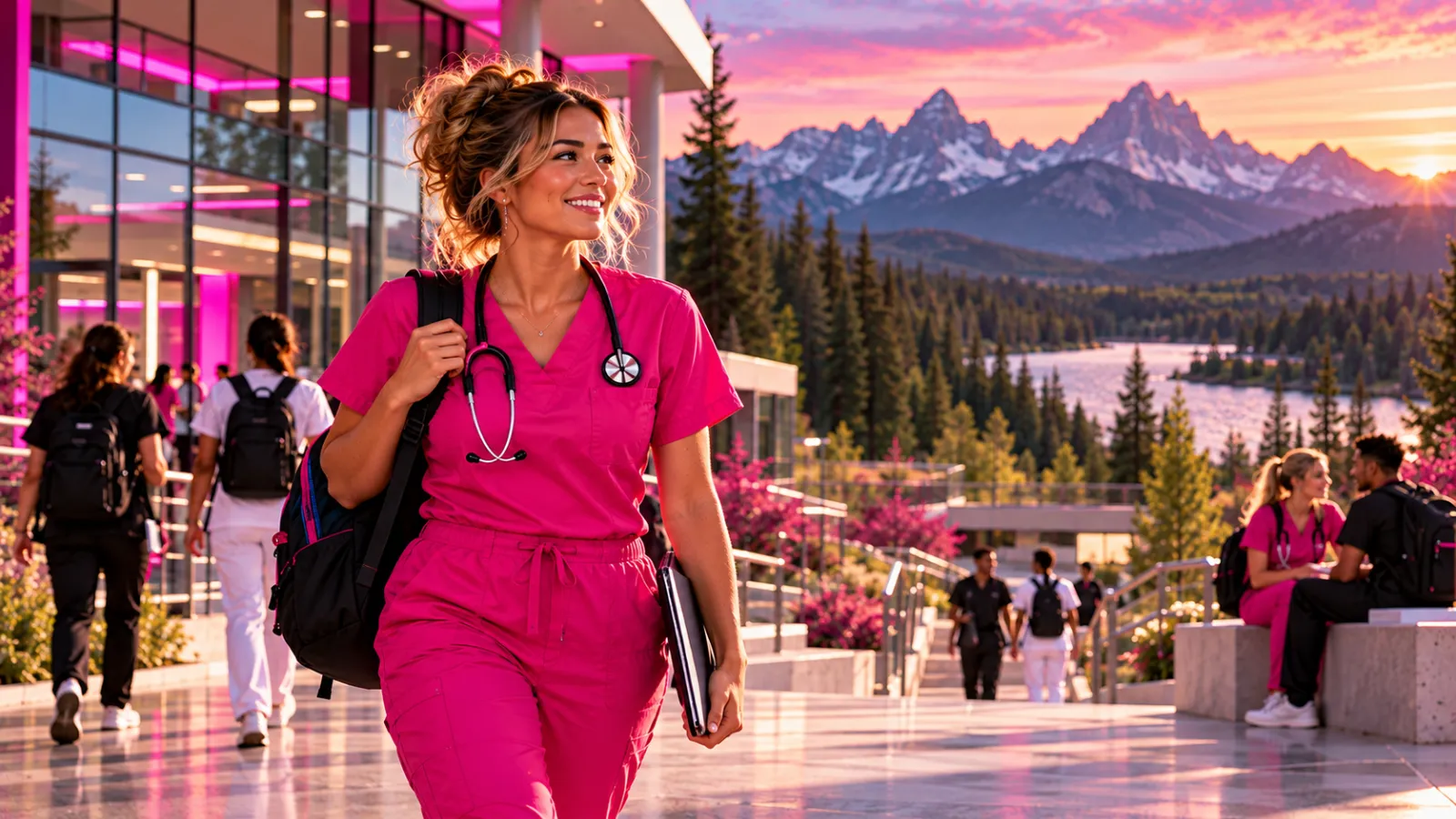 A confident nursing student walking across a modern college campus with a backpack and stethoscope in Idaho