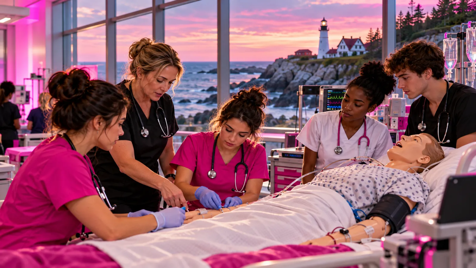 Nursing students in scrubs practicing on a high-fidelity patient simulator manikin with their instructor in a modern nursing 