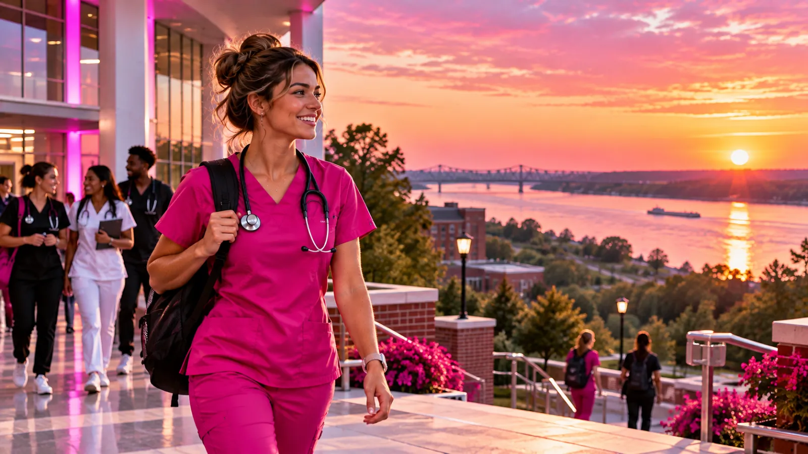 A confident nursing student walking across a modern college campus with a backpack and stethoscope in Mississippi