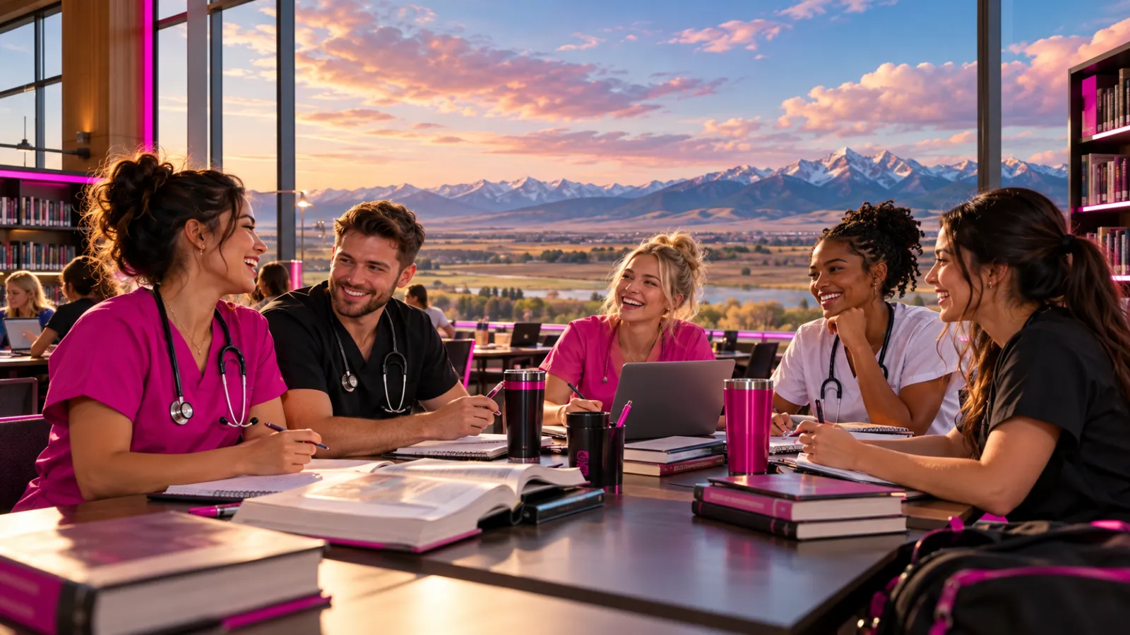 A diverse nursing study group laughing and reviewing notes together at a long table in a bright nursing school library in Mon