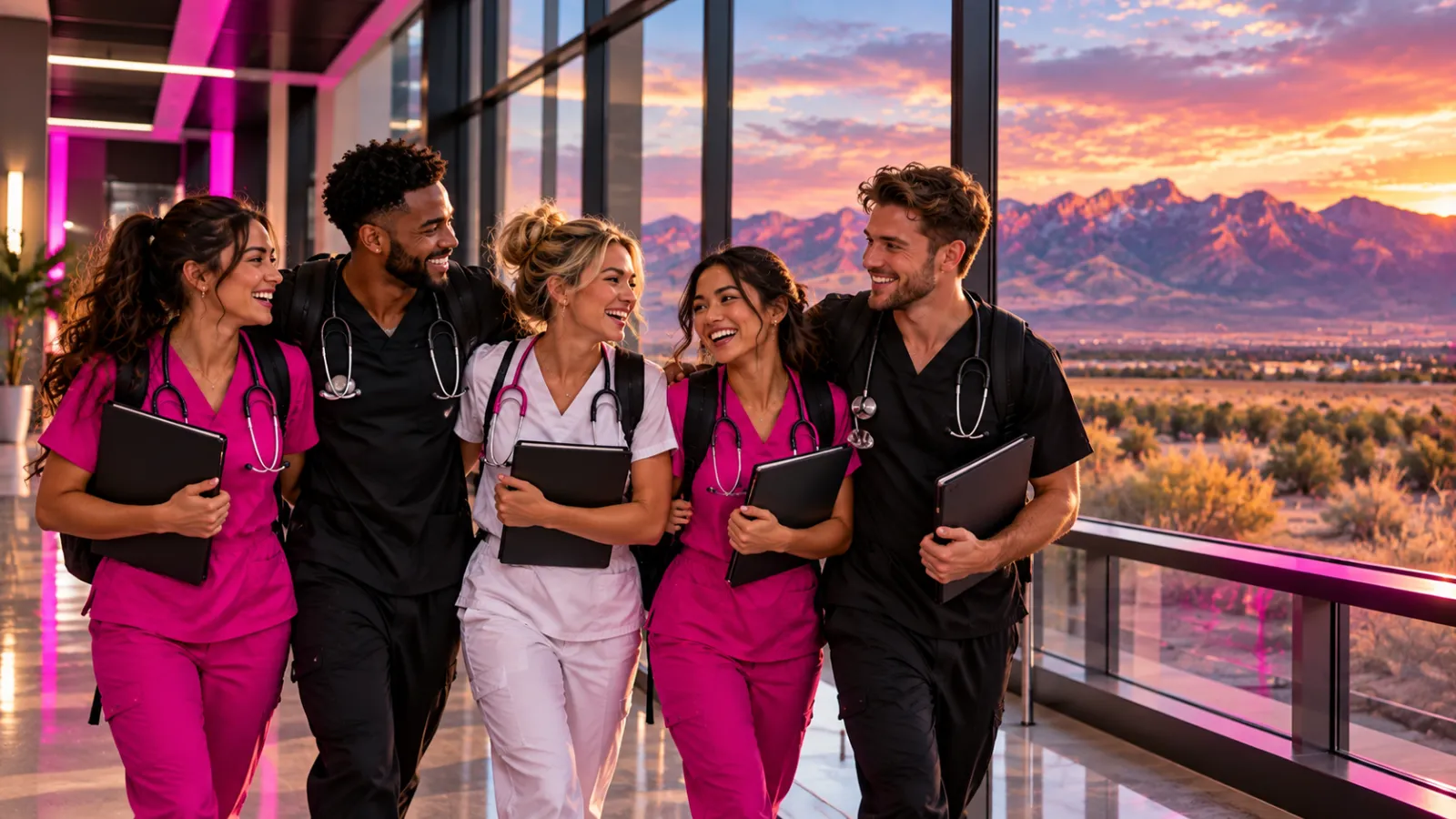 Proud nursing graduates in scrubs smiling together in a modern nursing school hallway in Nevada