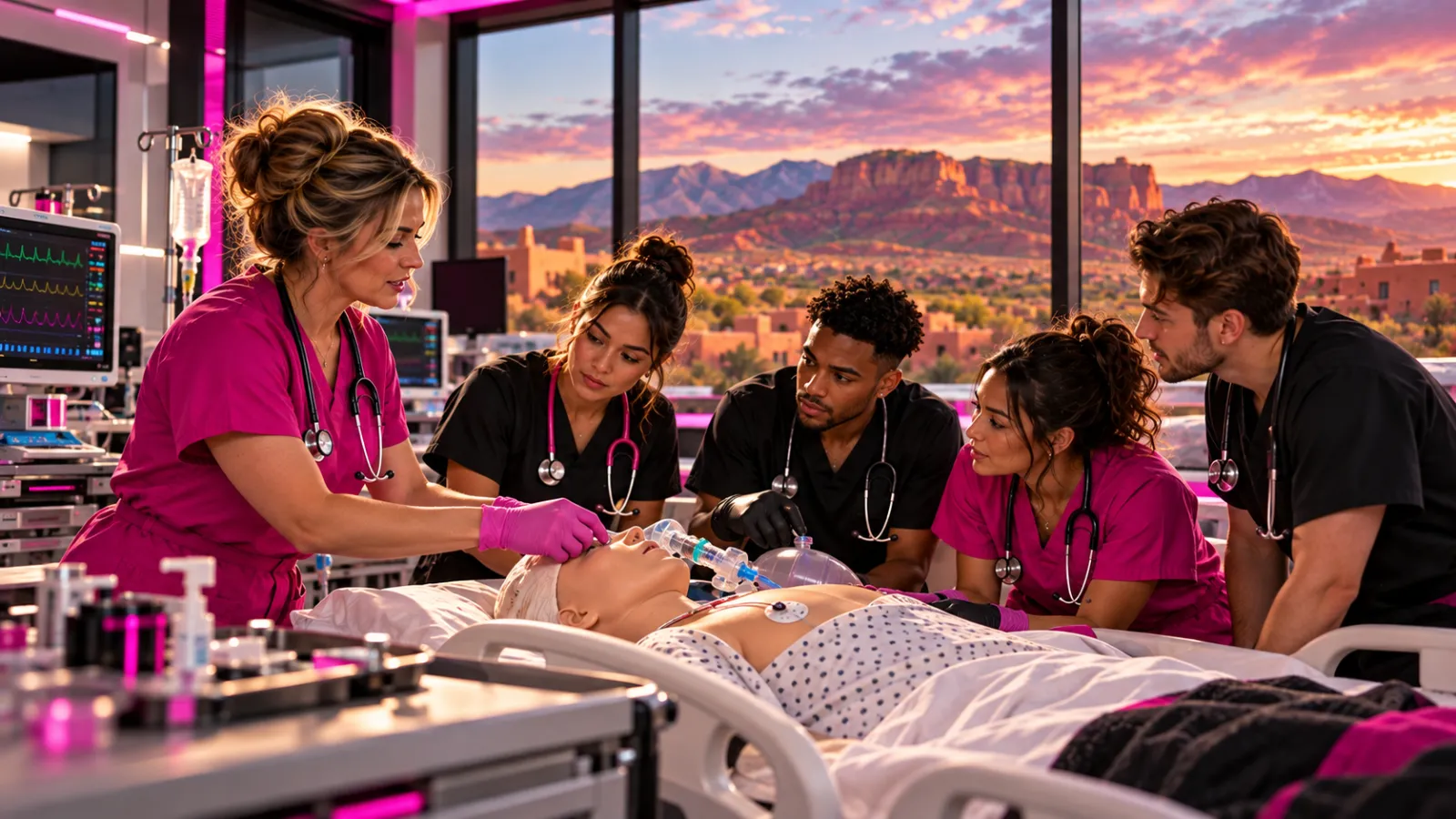 Nursing students in scrubs practicing on a high-fidelity patient simulator manikin with their instructor in a modern nursing 