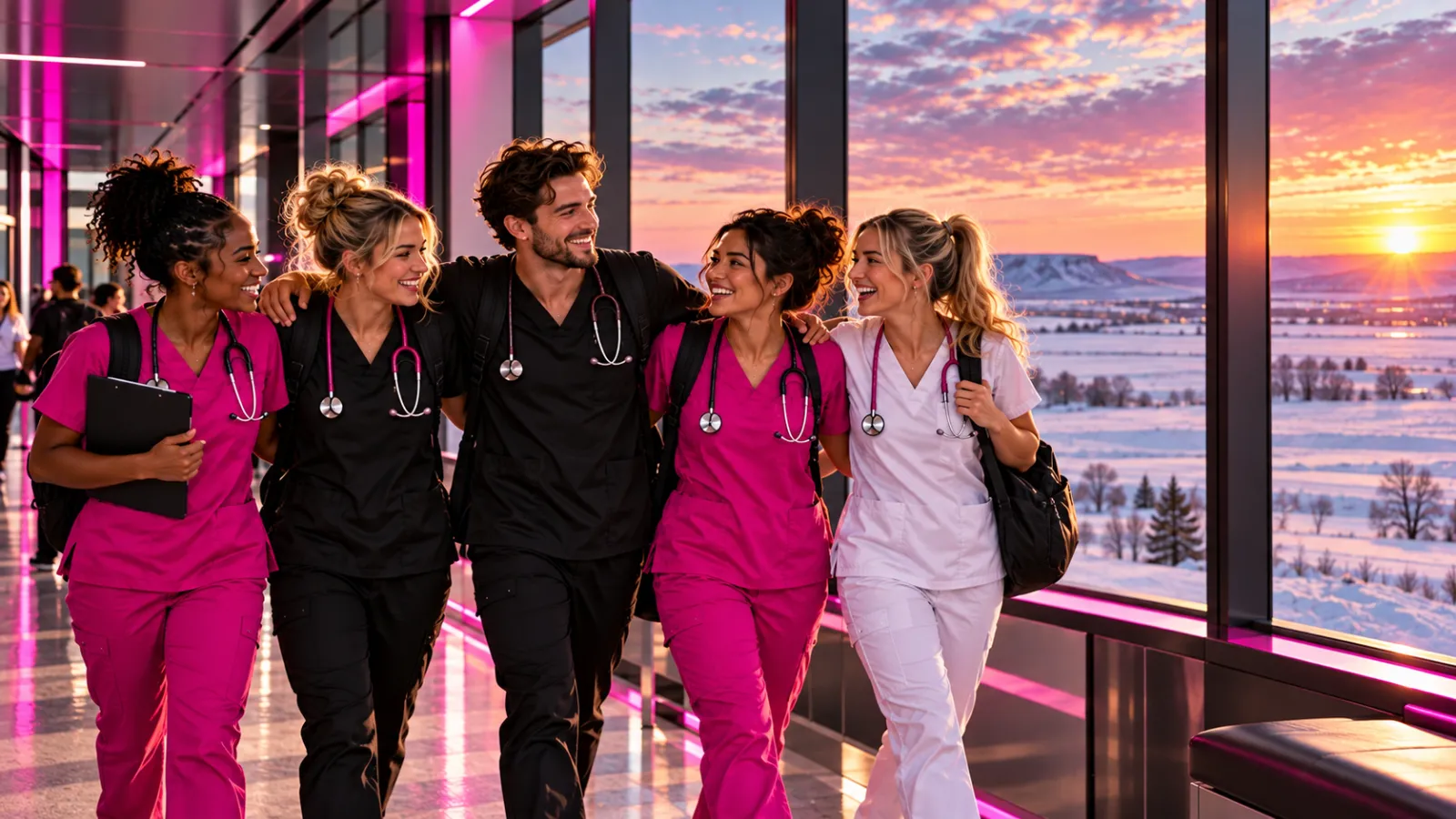 Proud nursing graduates in scrubs smiling together in a modern nursing school hallway in North Dakota