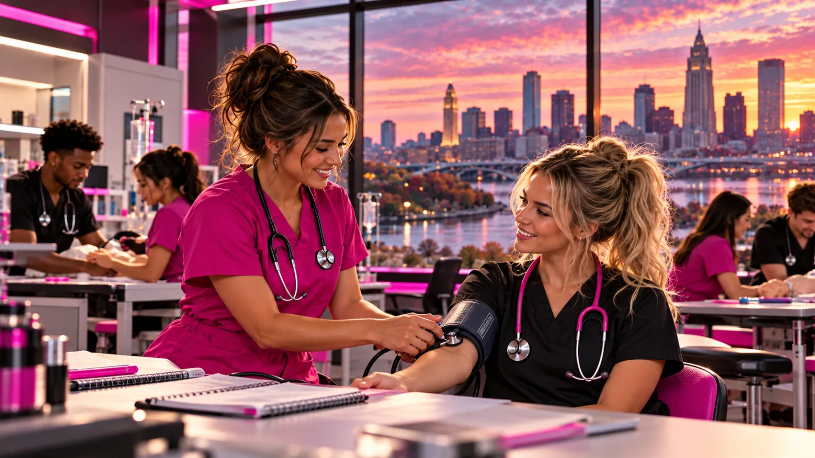 A nursing student checking a classmate's blood pressure during skills practice in a nursing lab in Ohio