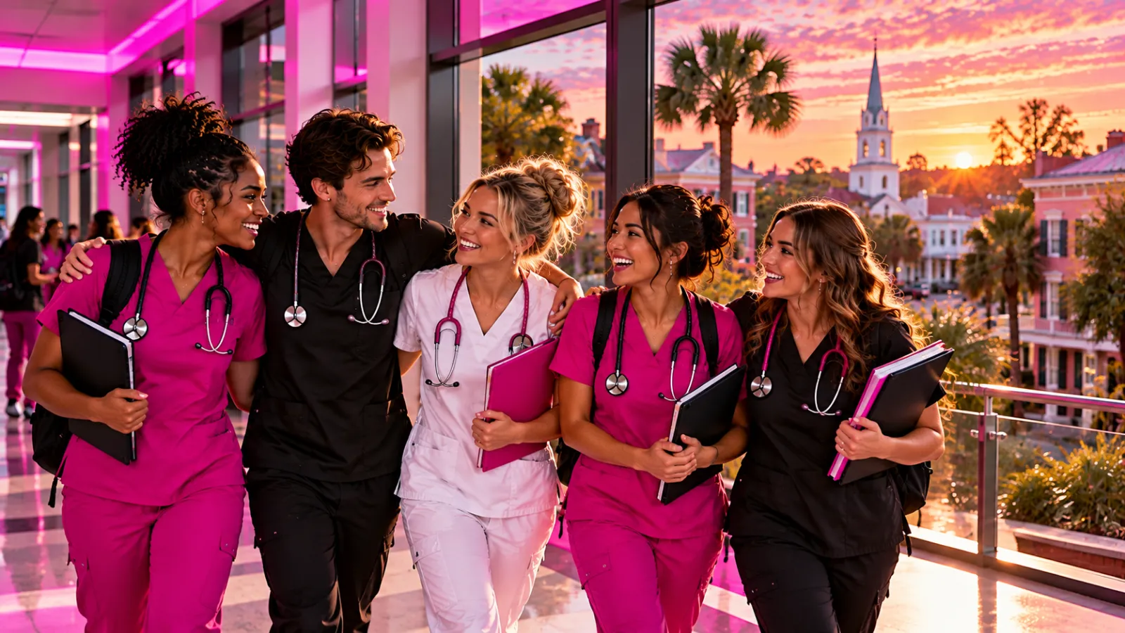 Proud nursing graduates in scrubs smiling together in a modern nursing school hallway in South Carolina