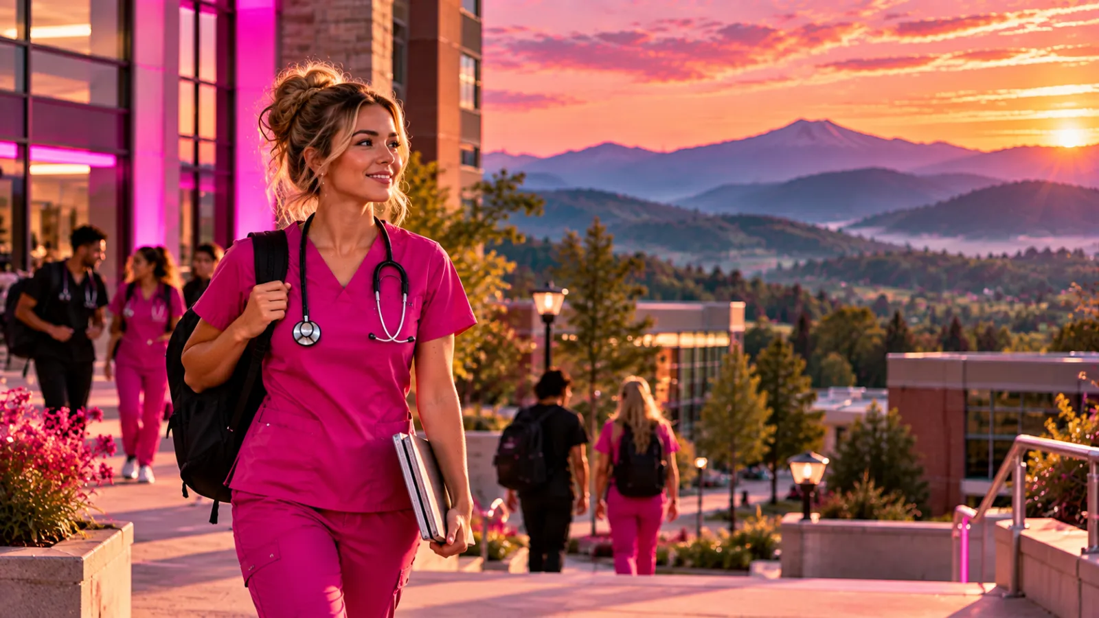 A confident nursing student walking across a modern college campus with a backpack and stethoscope in Tennessee