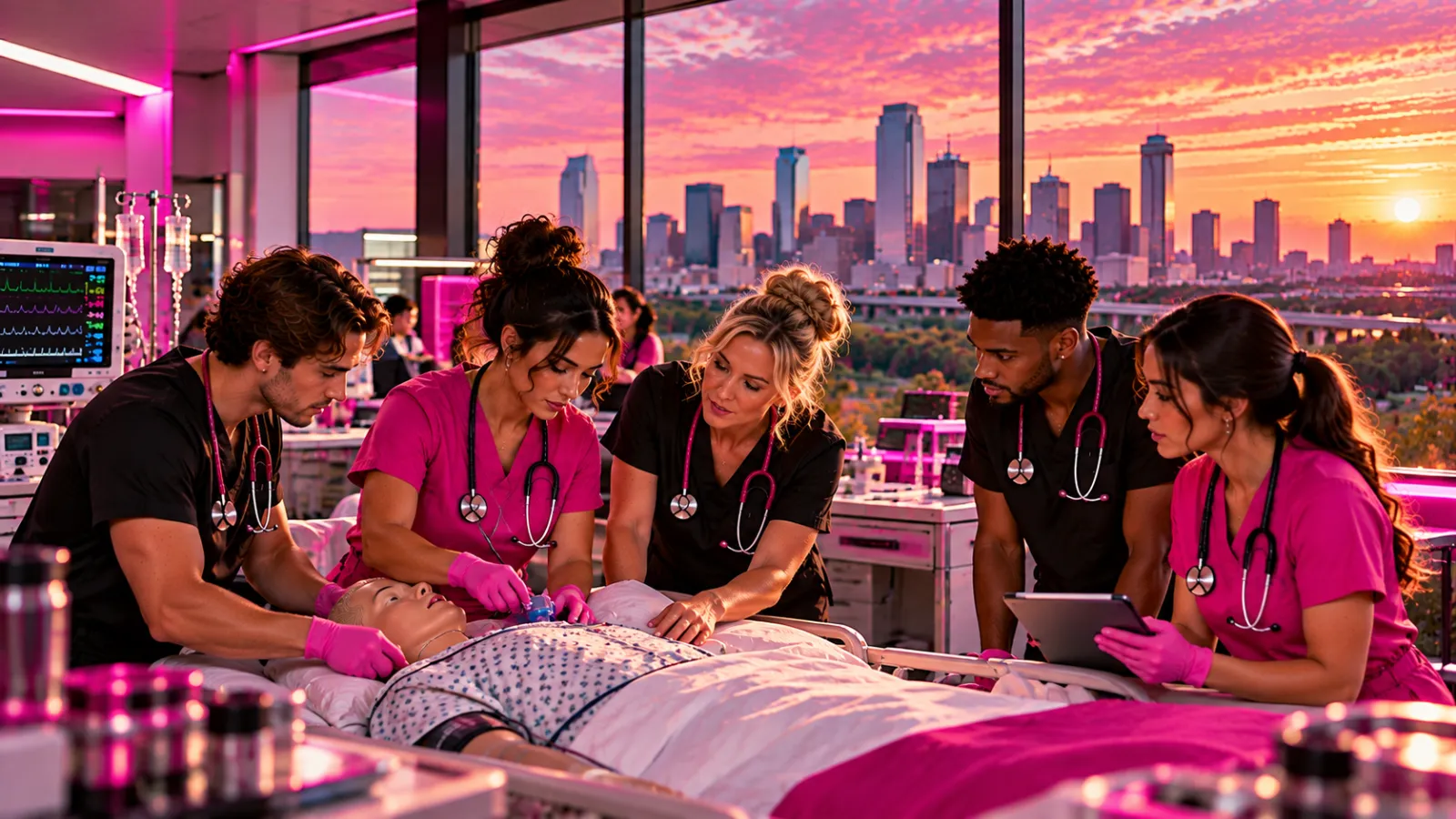 Nursing students in scrubs practicing on a high-fidelity patient simulator manikin with their instructor in a modern nursing 