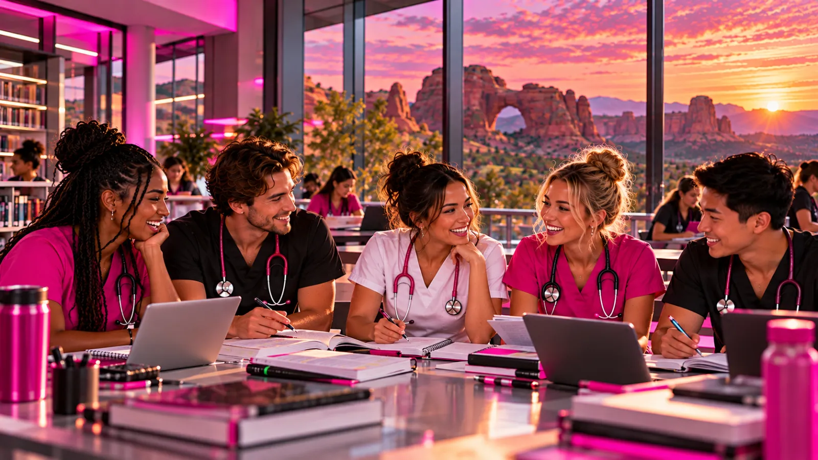 A diverse nursing study group laughing and reviewing notes together at a long table in a bright nursing school library in Uta