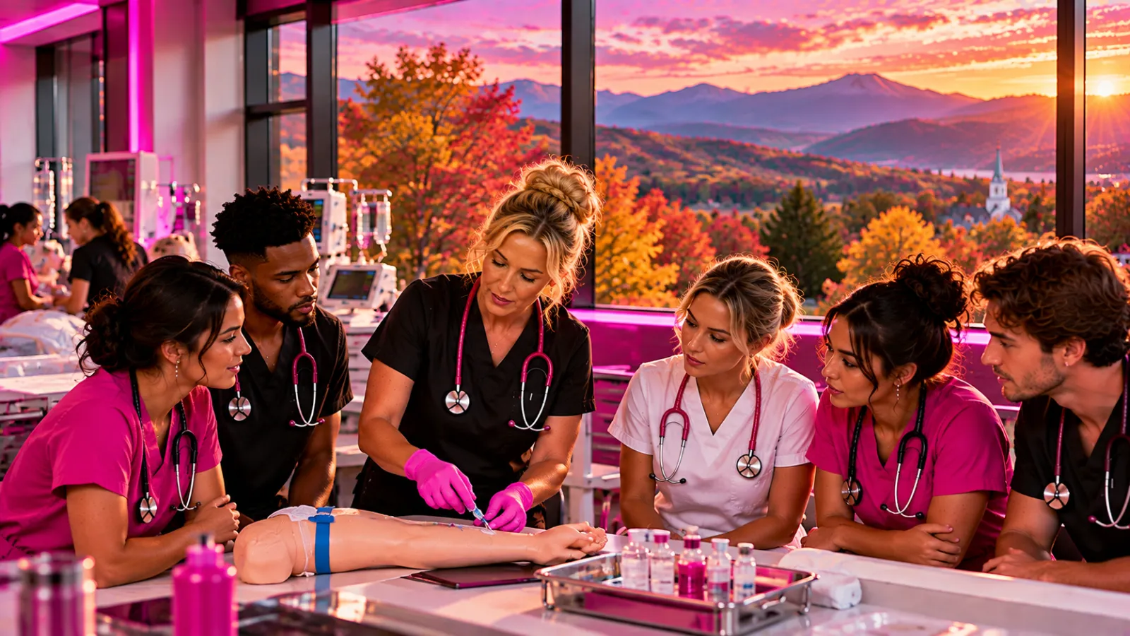 A nursing instructor demonstrating a skill to attentive students in a sleek skills lab in Vermont