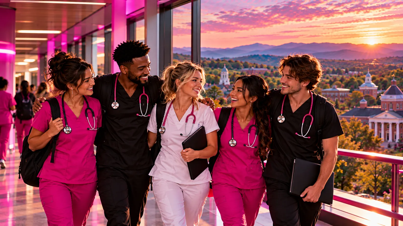 Proud nursing graduates in scrubs smiling together in a modern nursing school hallway in Virginia