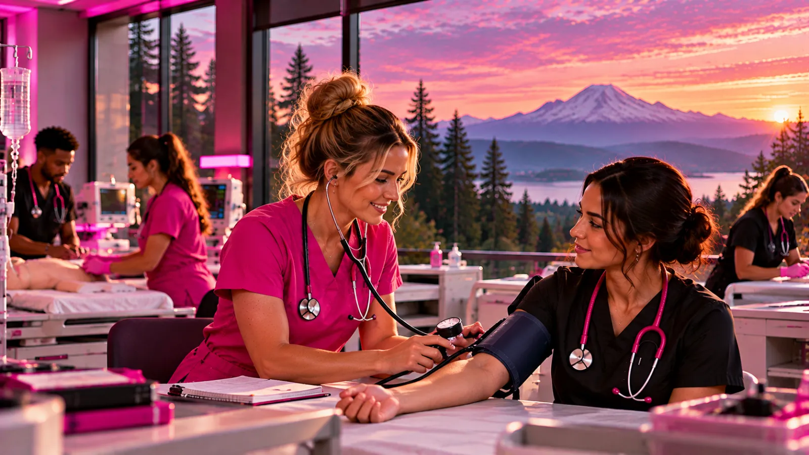 A nursing student checking a classmate's blood pressure during skills practice in a nursing lab in Washington