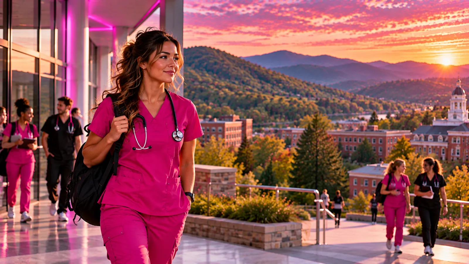 A confident nursing student walking across a modern college campus with a backpack and stethoscope in West Virginia
