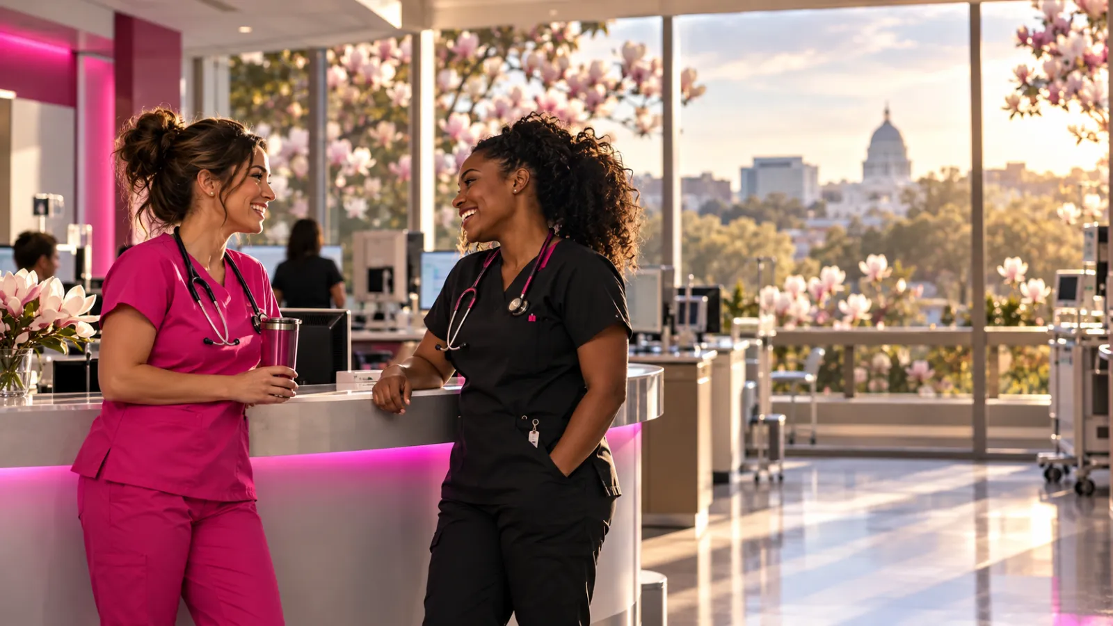Two nurses chatting at a nurses station in a modern Alabama hospital