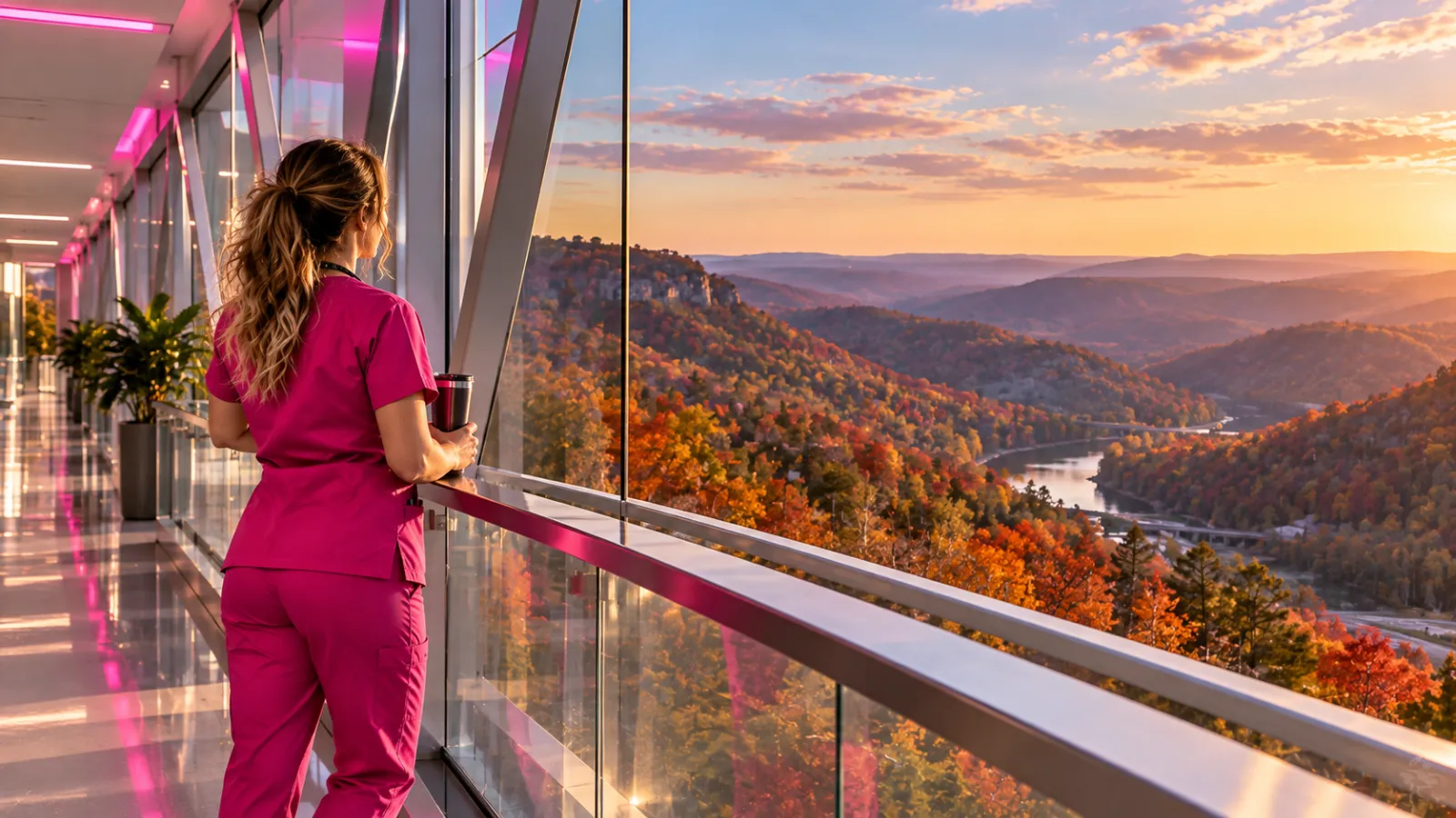 A nurse standing on a glass hospital skybridge overlooking Ozark mountain forests in fall colors in Arkansas