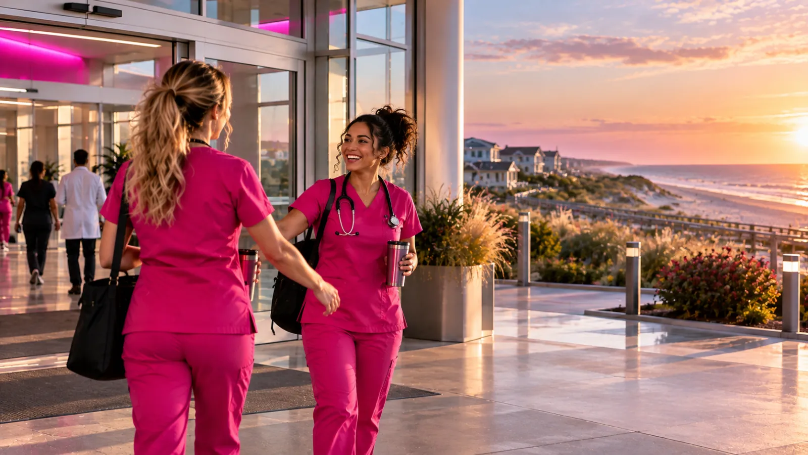 A nurse greeting a colleague at a modern hospital entrance near a quiet beach town with sand dunes in Delaware