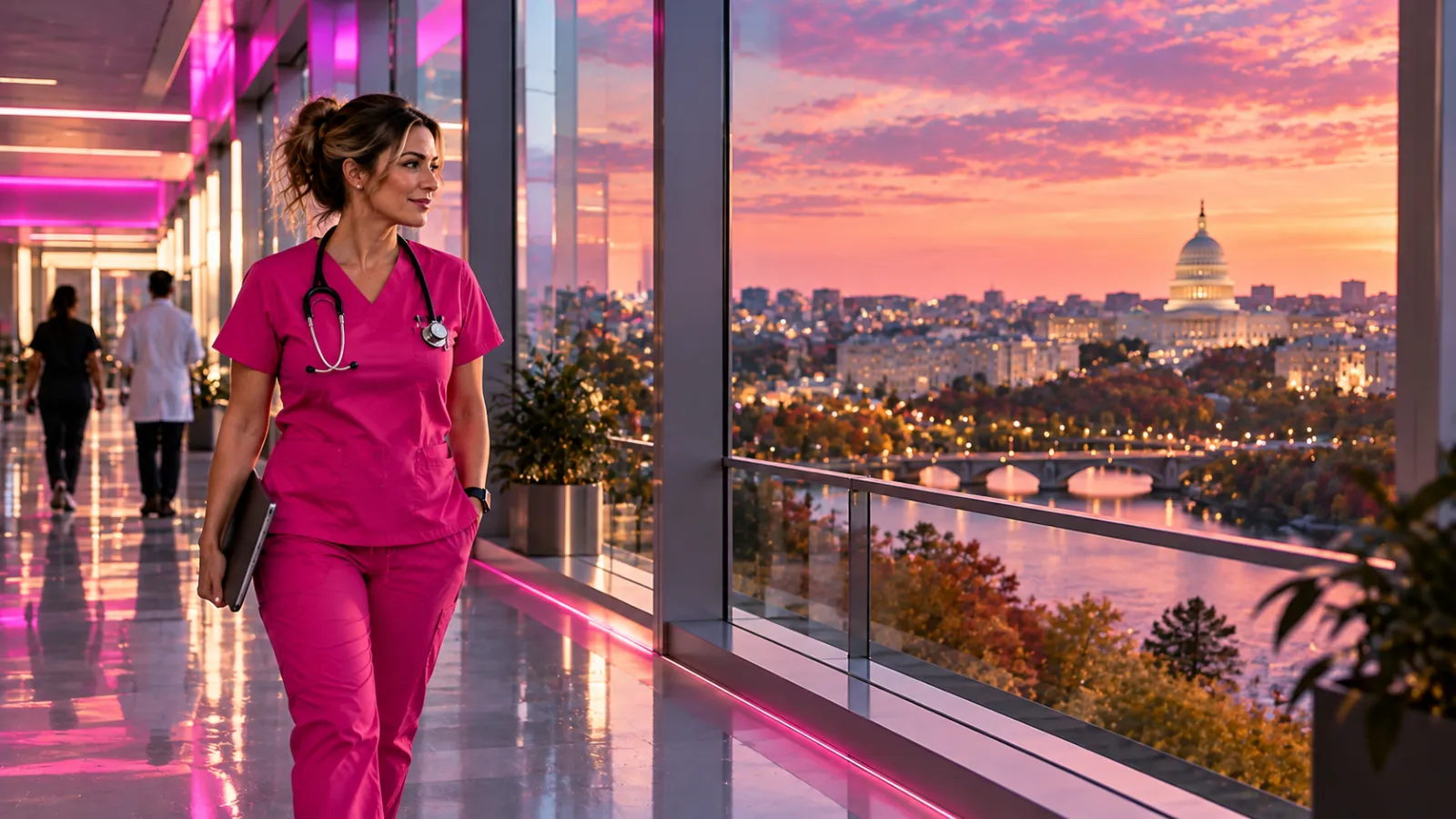 A nurse walking down a glass corridor with the Washington DC skyline and a distant domed capitol silhouette at dusk