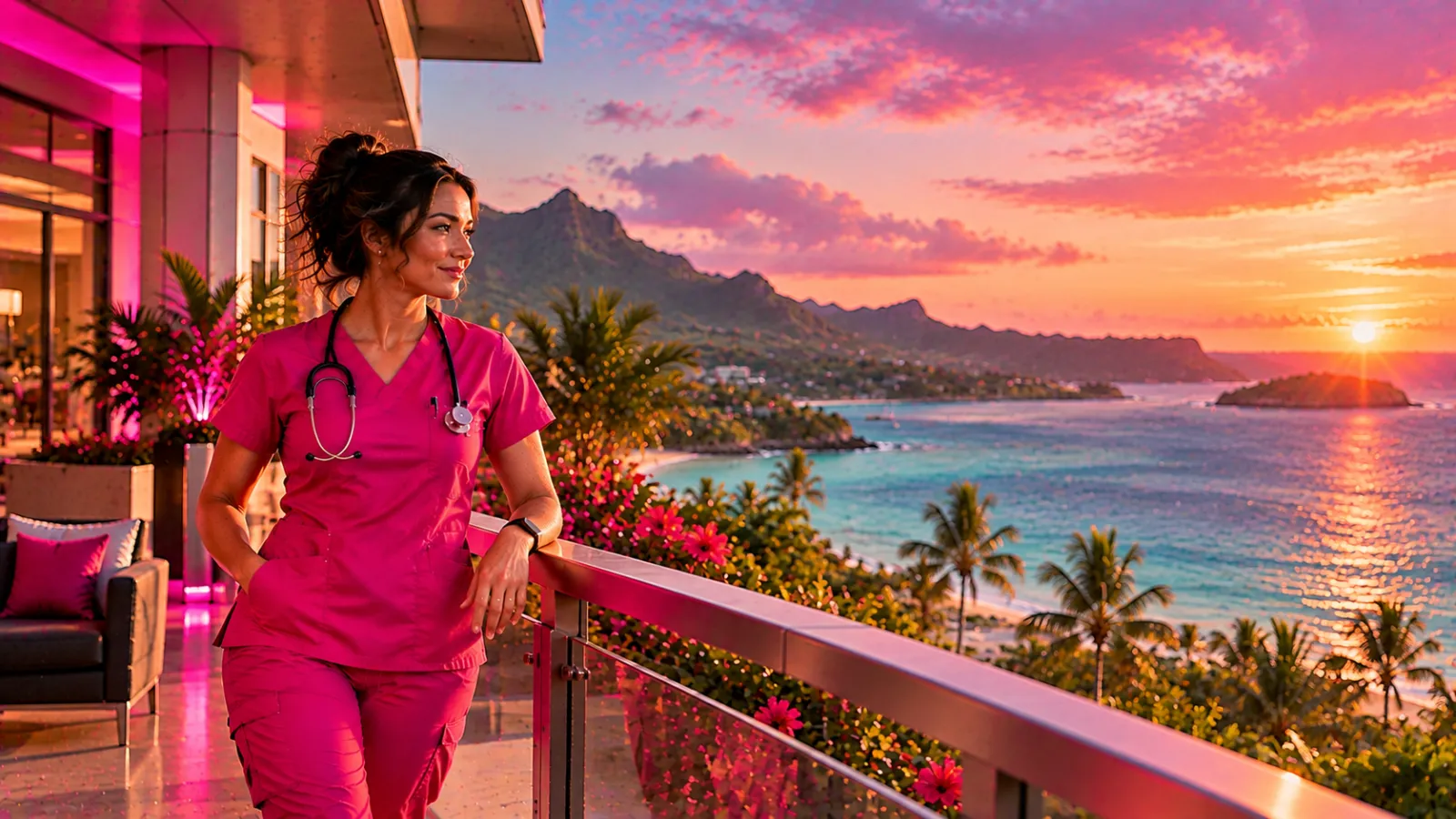 A nurse on a hospital balcony overlooking a tropical Pacific bay with turquoise water in Guam