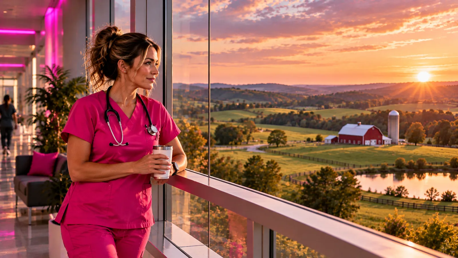 A nurse looking out a hospital window at rolling green farmland and a red barn at golden hour in Iowa