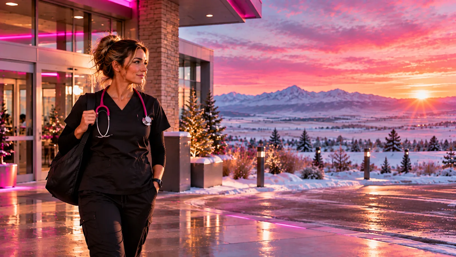 A nurse arriving at a hospital entrance in winter in North Dakota