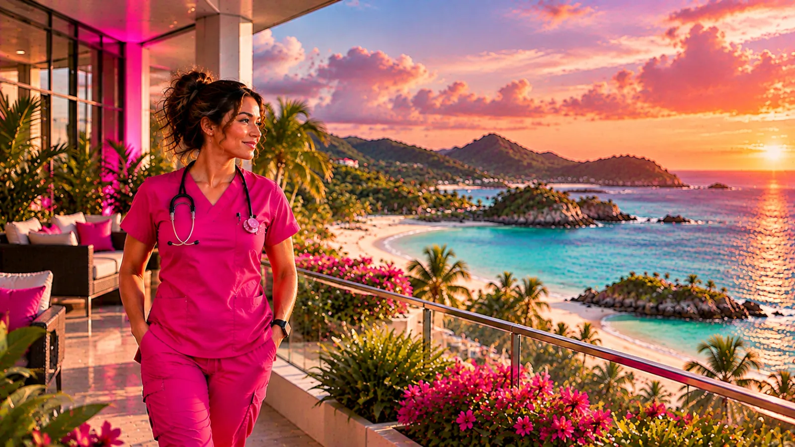 A nurse on a hospital terrace overlooking a white sand beach and blue lagoon in Northern Mariana Islands