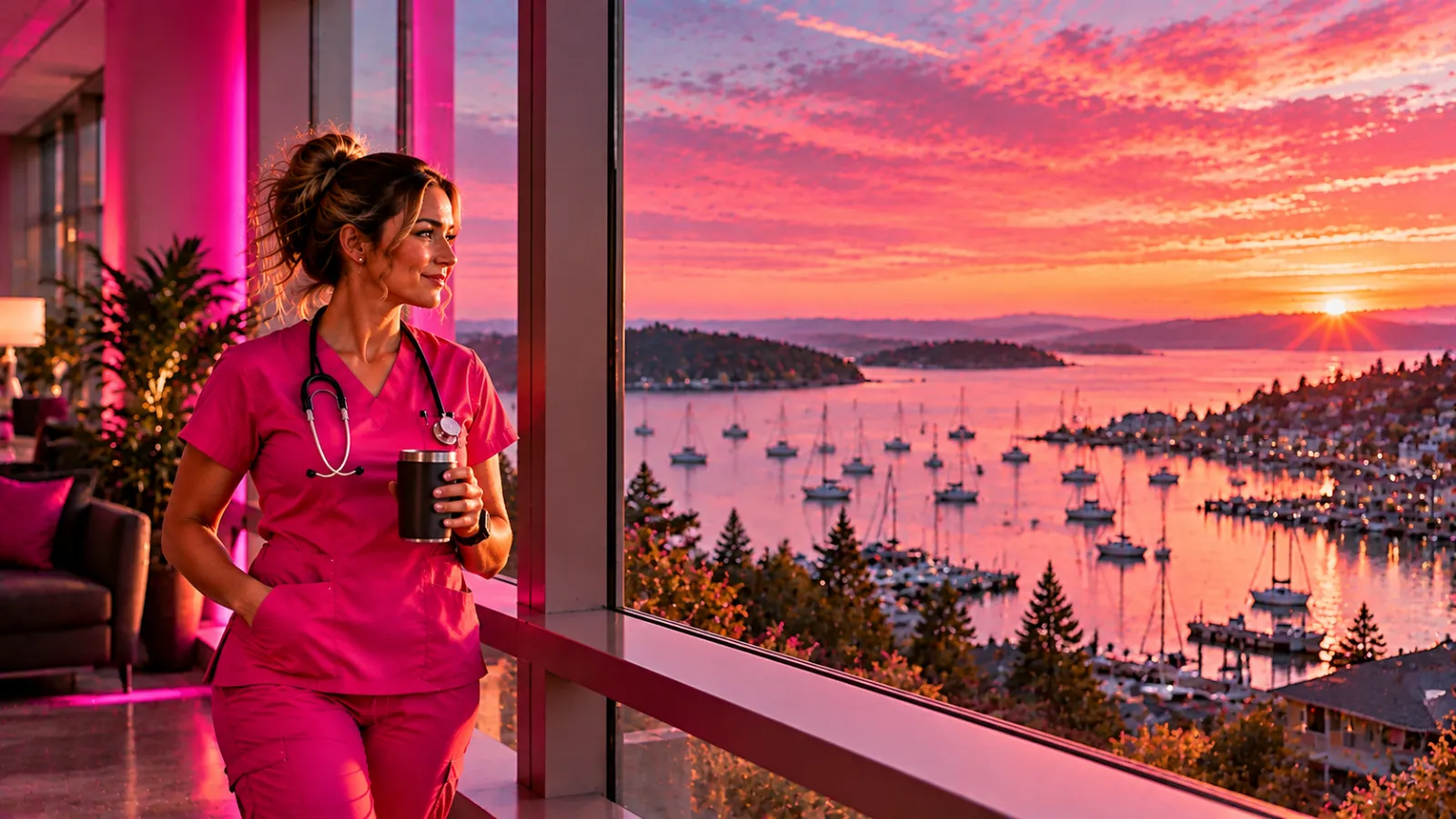 A nurse at a hospital window overlooking a harbor full of sailboats in Rhode Island