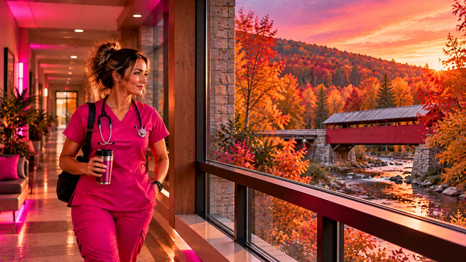 A nurse in a cozy rural hospital hallway in Vermont