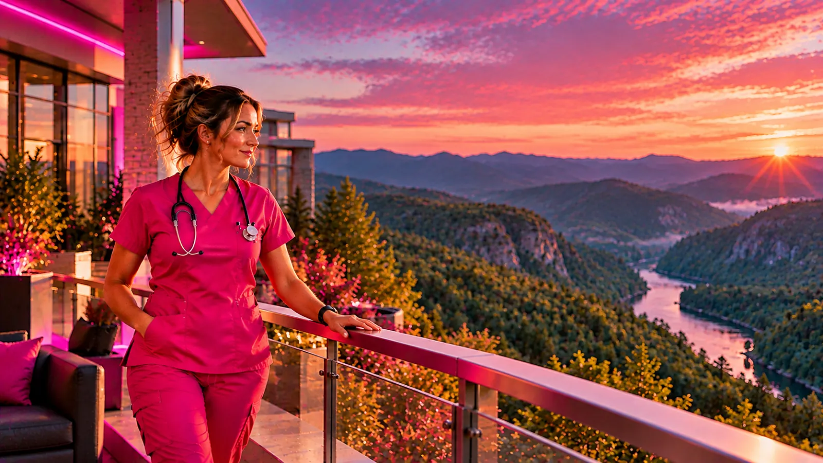 A nurse on a hospital overlook with green Appalachian mountains and a deep river gorge in West Virginia