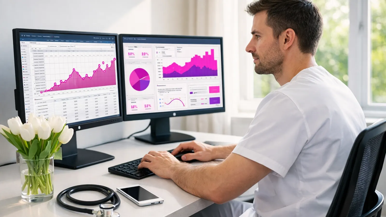 Male nurse analyzing data dashboards on two monitors