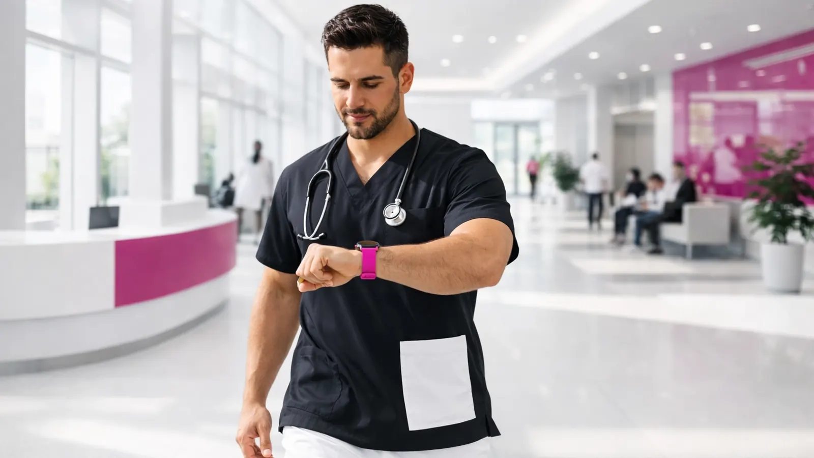 Male nurse checking his watch in a hospital lobby