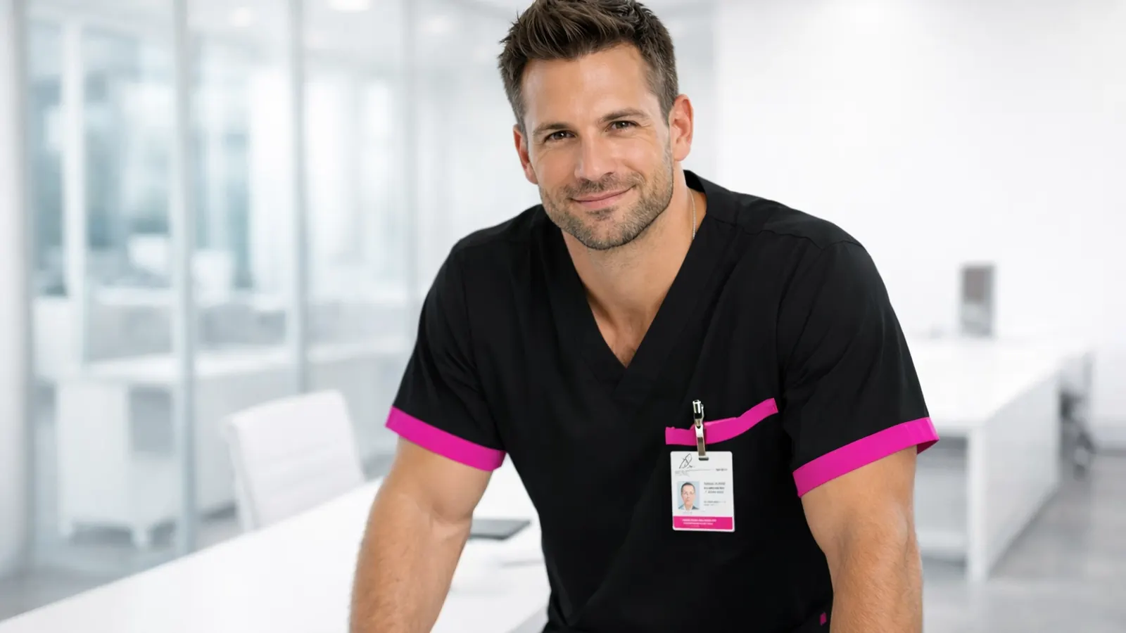 Male nurse in black scrubs smiling in a bright office