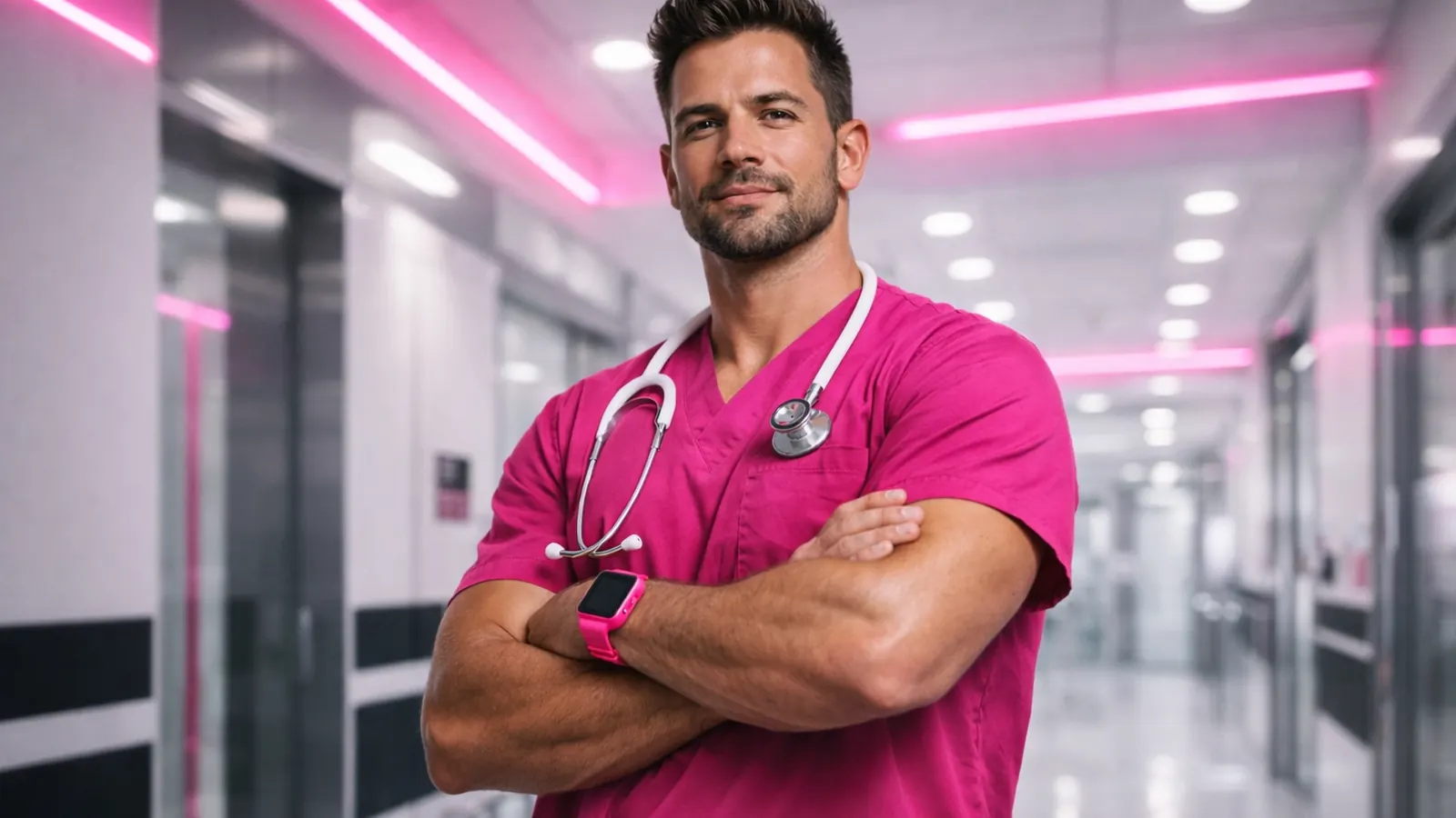 Male nurse in pink scrubs standing in a hospital corridor