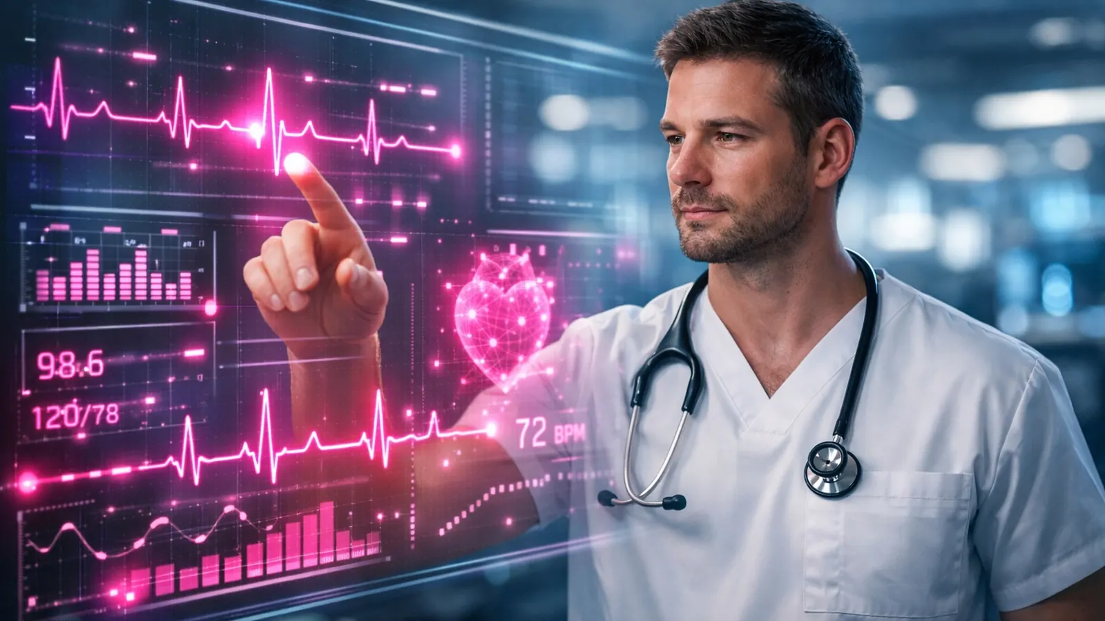 Male nurse using a digital health display