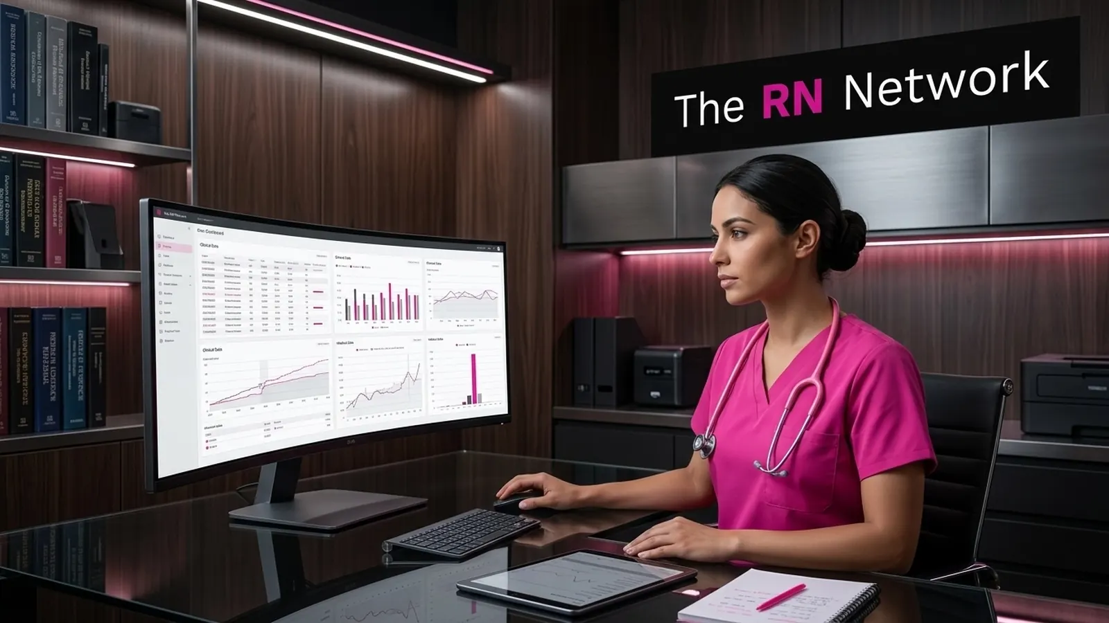 Nurse analyzing research data on a large monitor