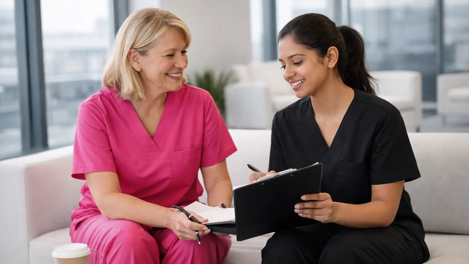 Nurse and colleague meeting with a clipboard