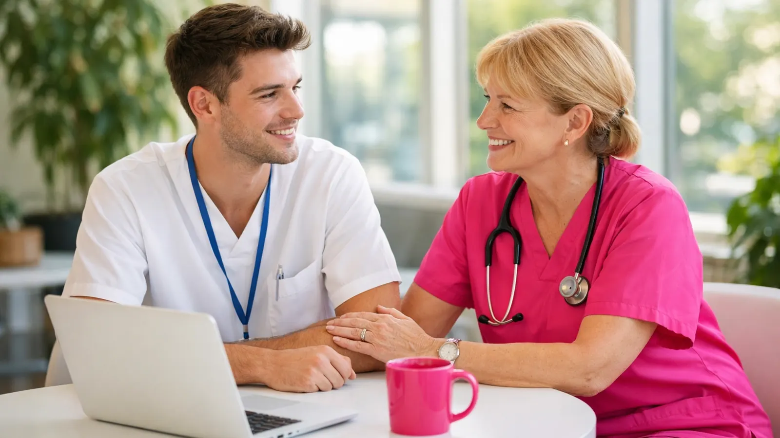 Nurse and colleague chatting at a cafe table