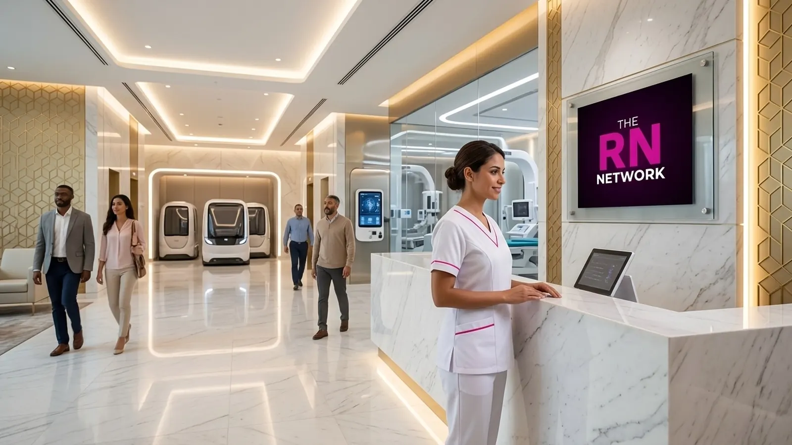 Nurse at the reception desk of a modern hospital lobby