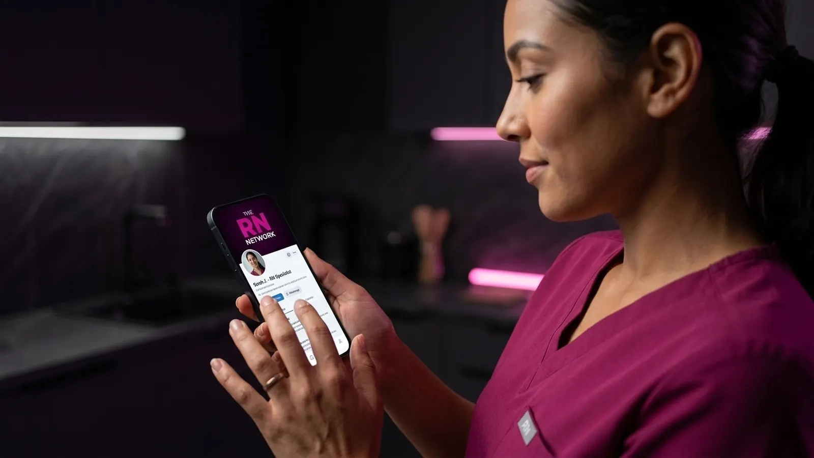 Nurse checking a job app on her phone