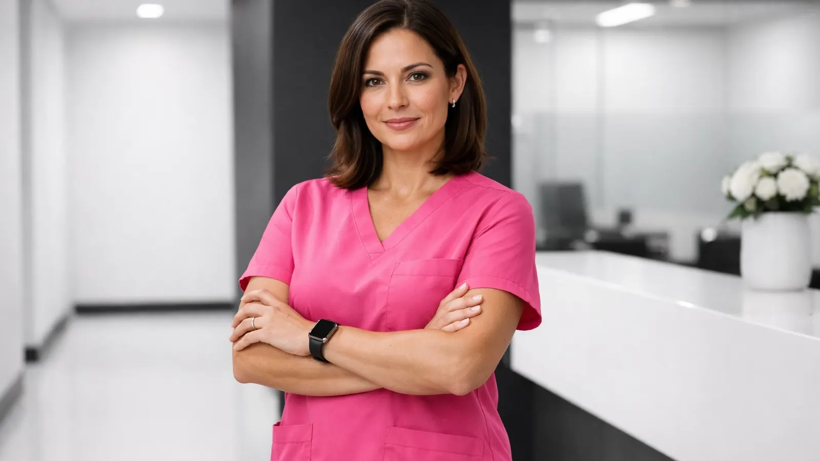 Nurse with arms crossed in a bright office