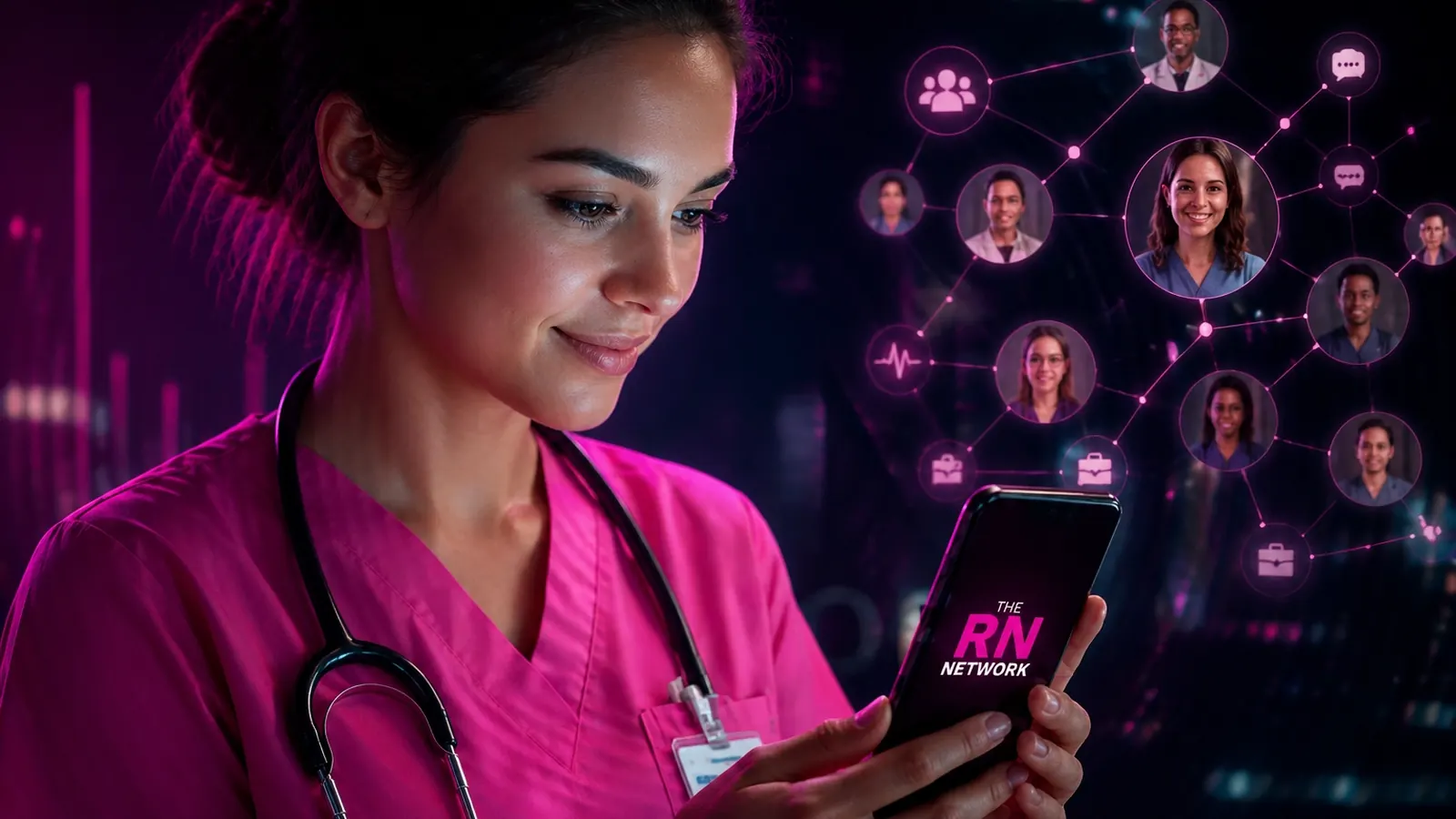 Nurse connecting with her network on a smartphone