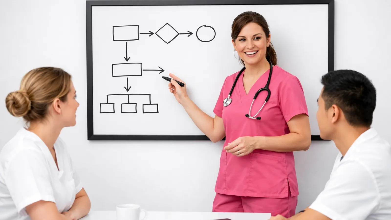 Nurse educator teaching at a whiteboard