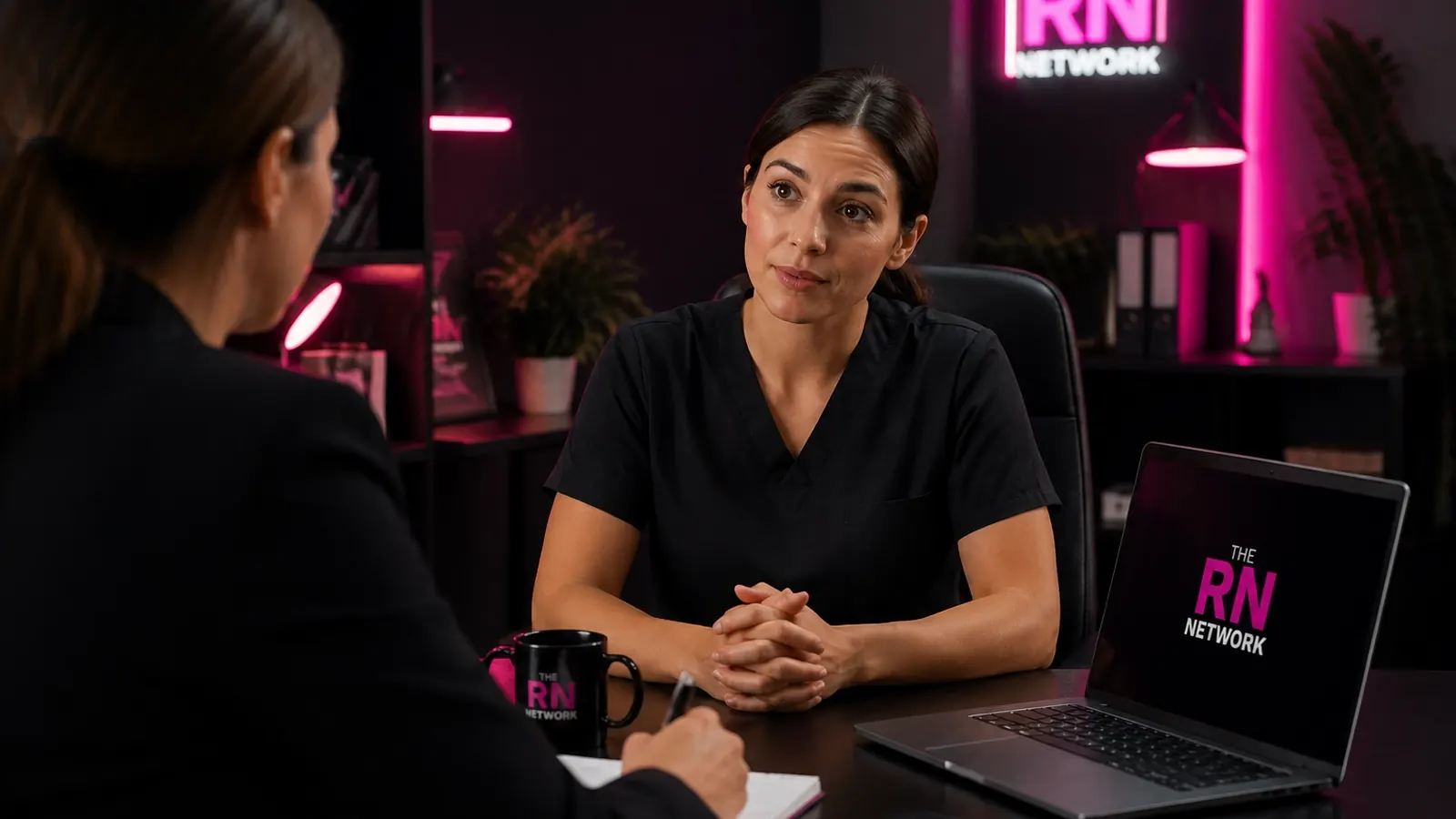 Nurse in a career conversation across a desk