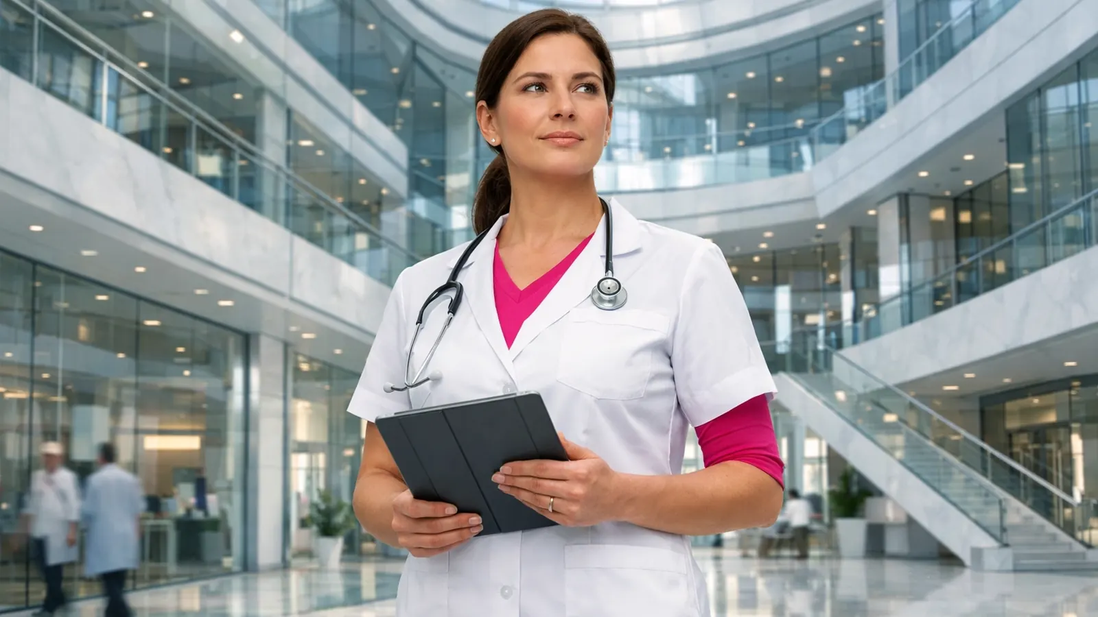 Nurse in a white coat standing in a hospital atrium