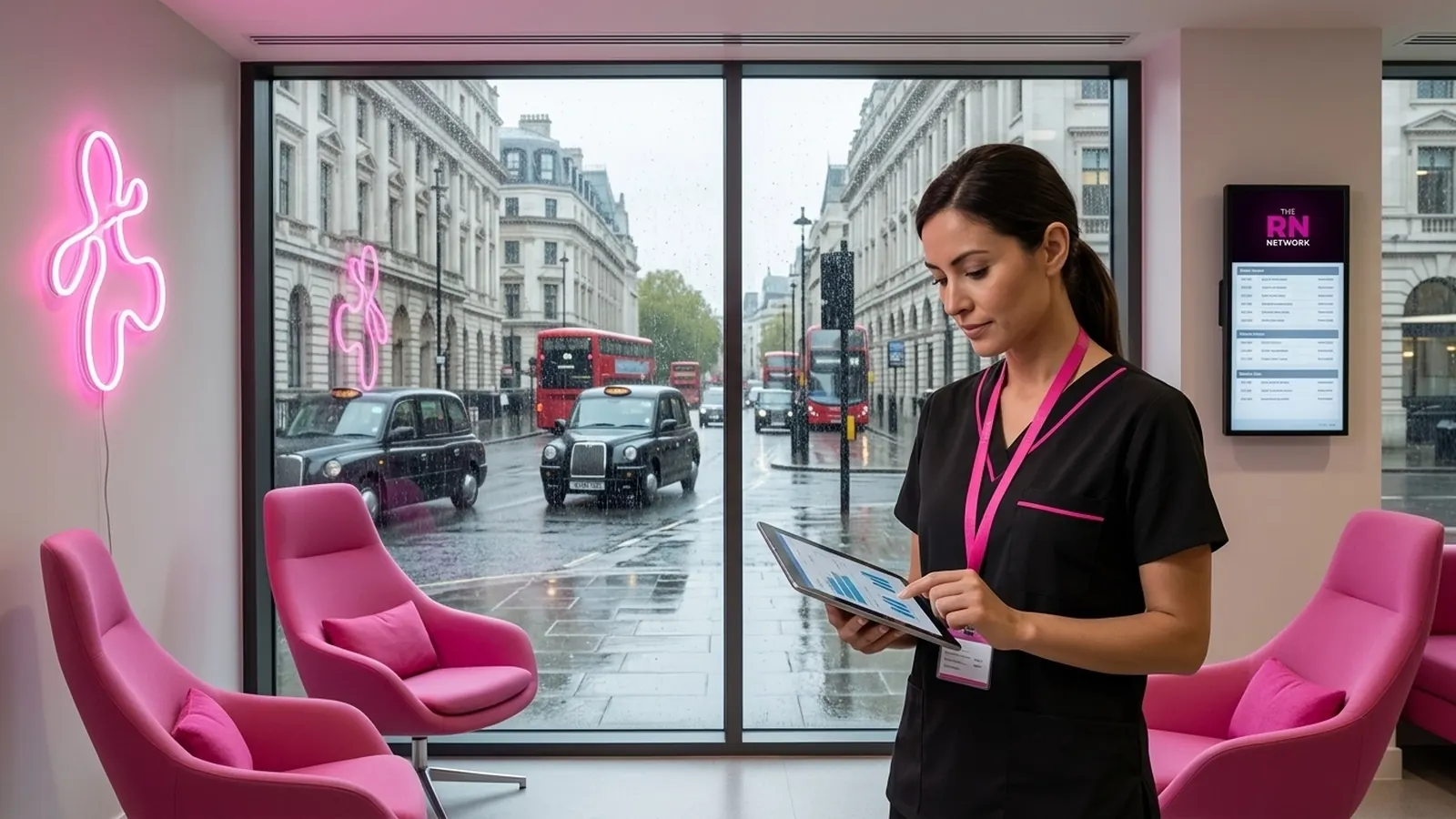 Nurse in black scrubs using a tablet in a pink lounge