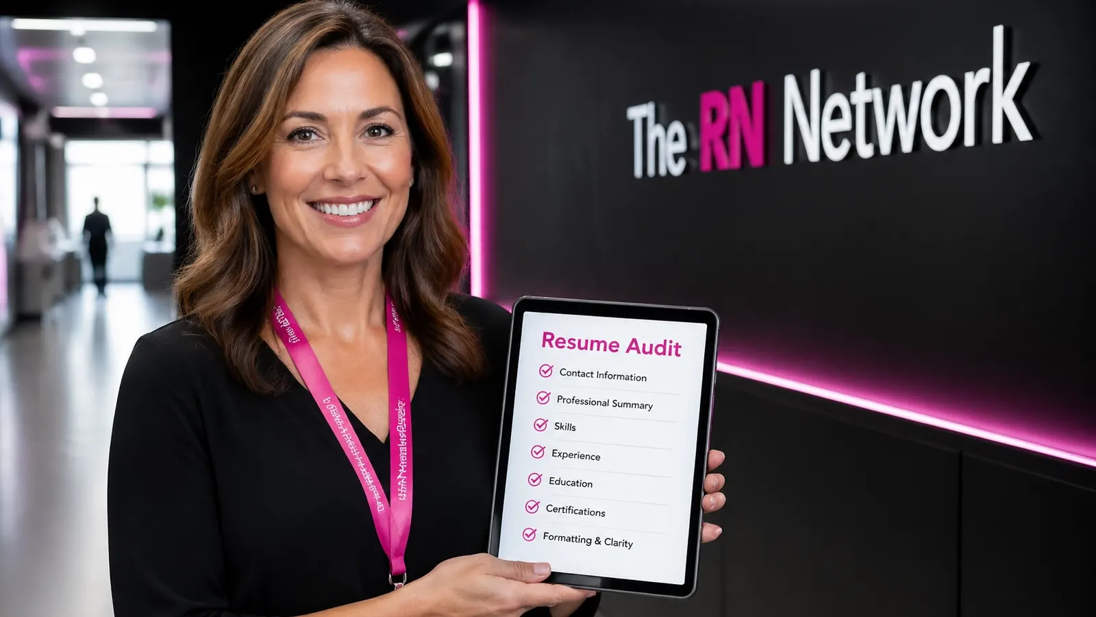 Nurse leader holding a tablet with a resume checklist