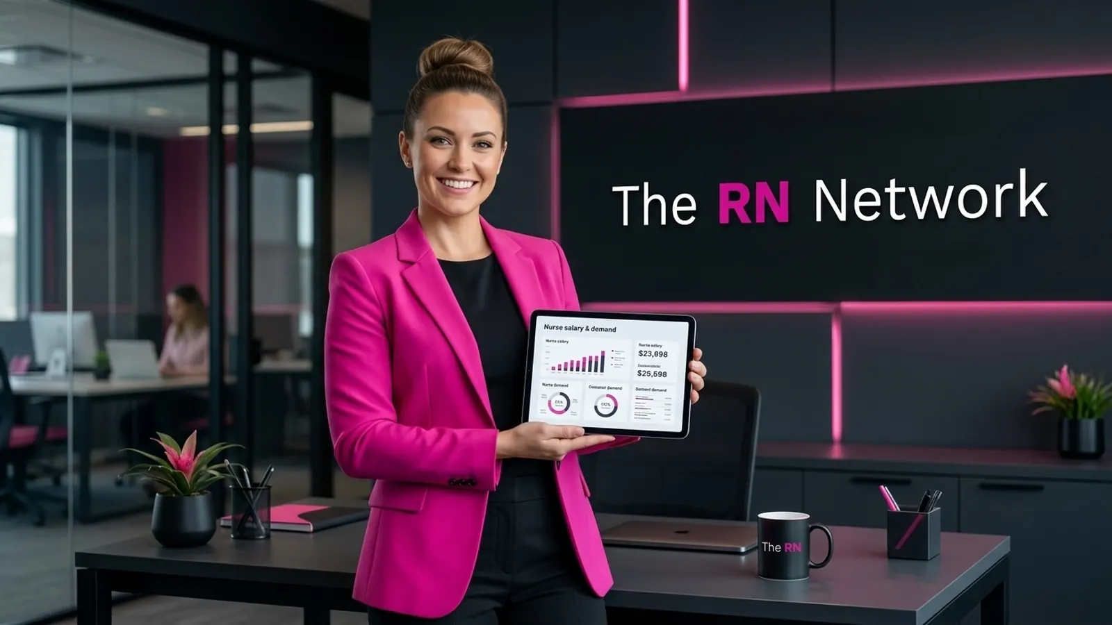 Nurse leader in a pink blazer holding a tablet report