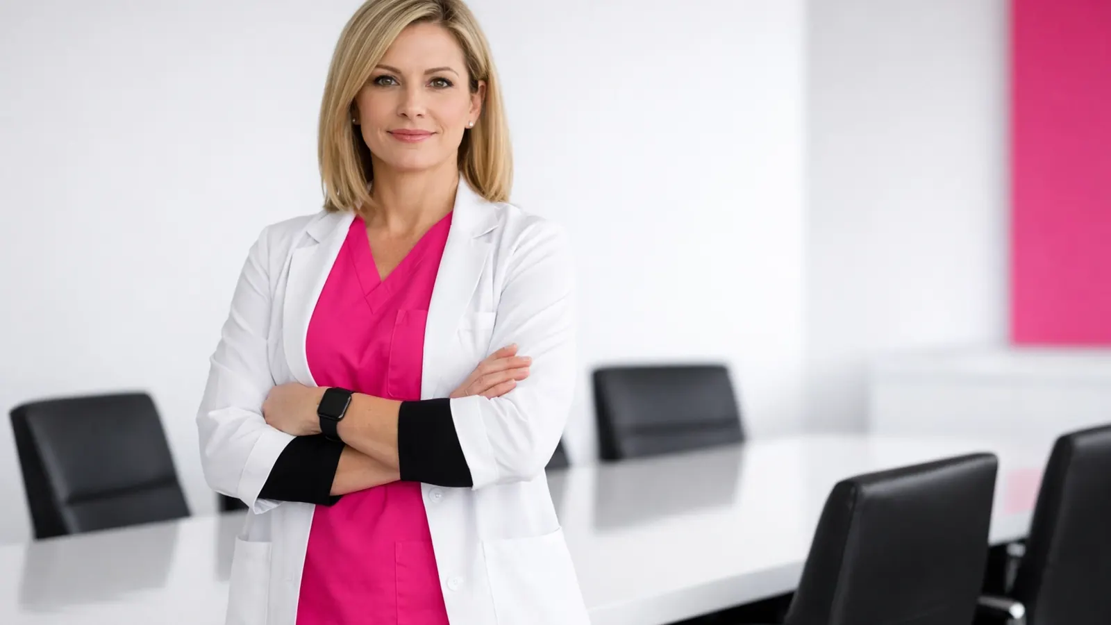 Nurse leader in a white coat with arms crossed